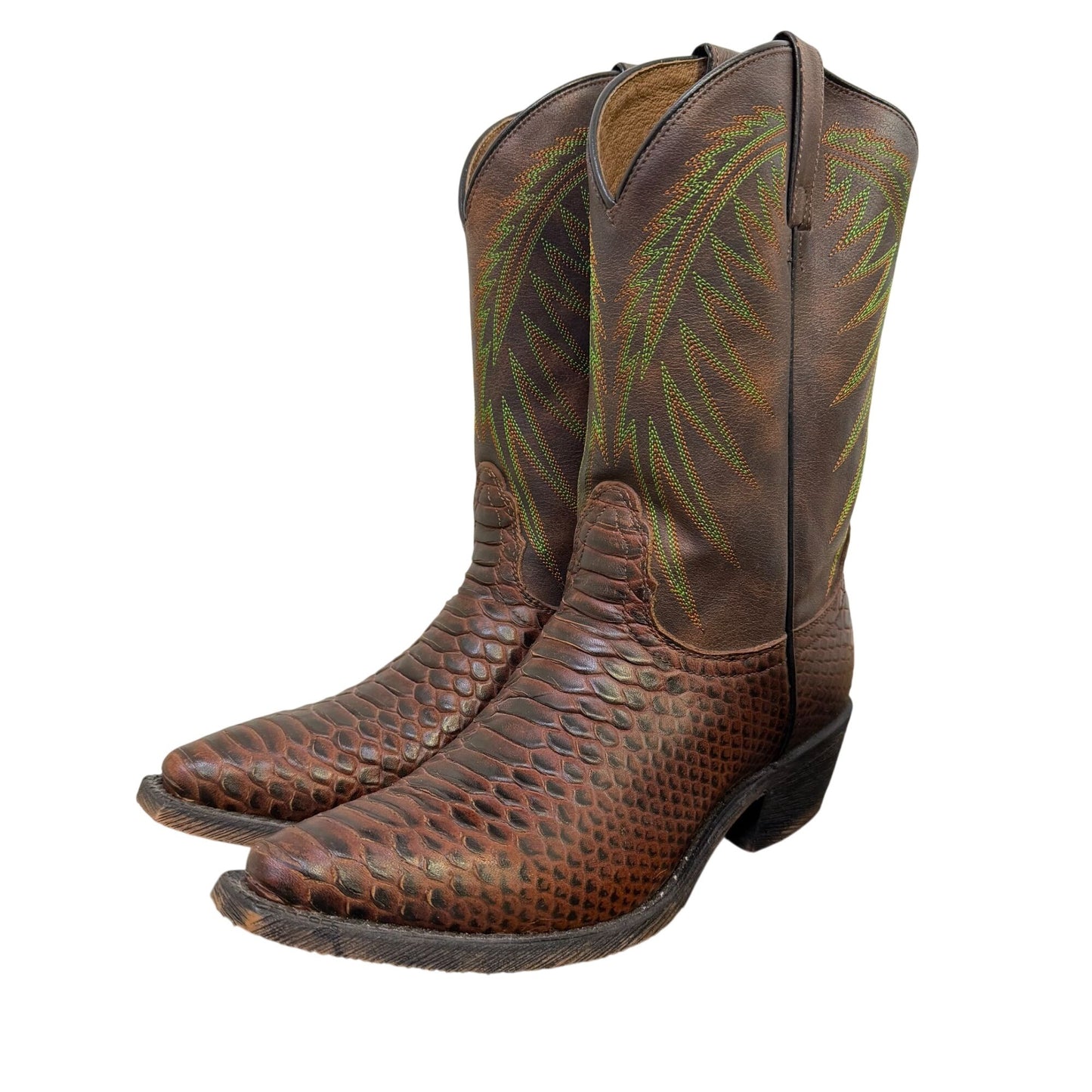 Nocona Brown & Green Western Boots Python Print Leather Size 8.5