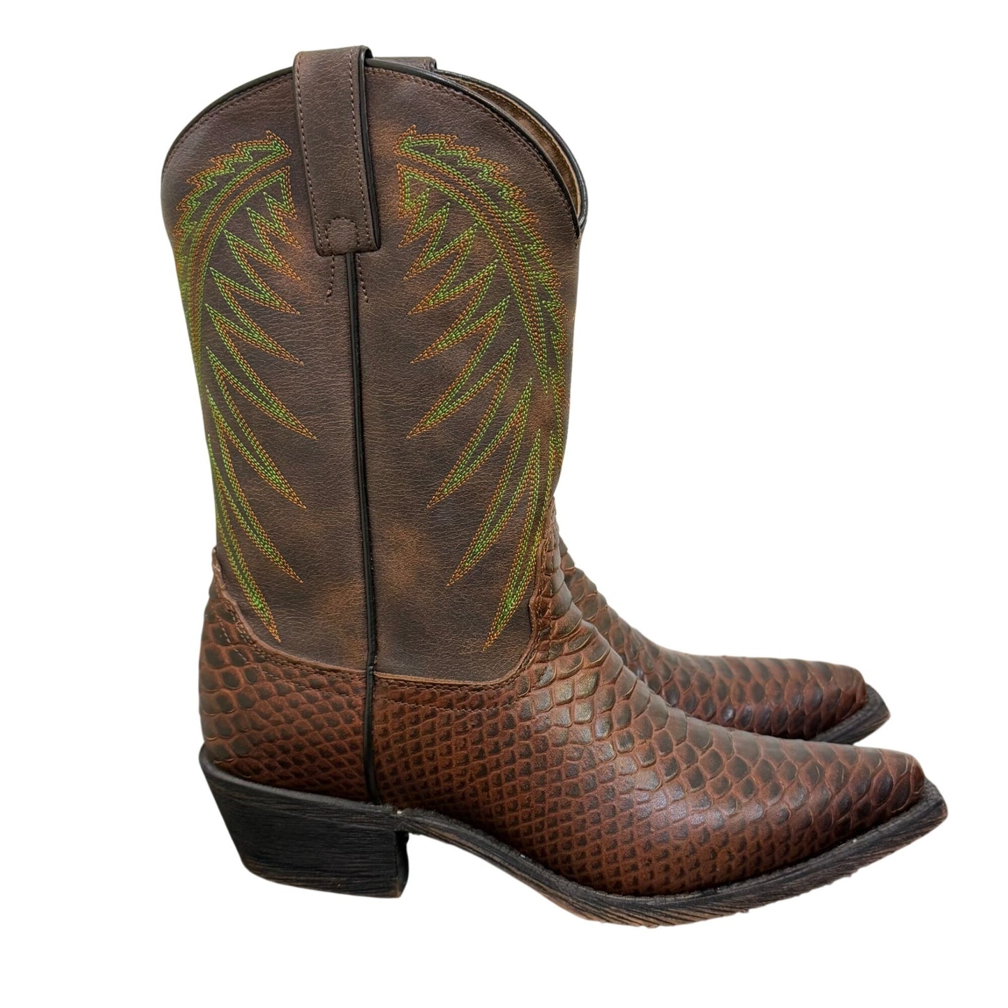 Nocona Brown & Green Western Boots Python Print Leather Size 8.5