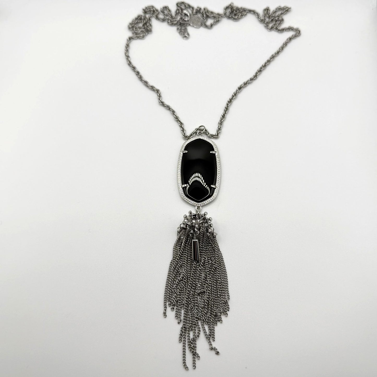 Kendra Scott Silver Chain Necklace With Black Stone & Tassel Pendant