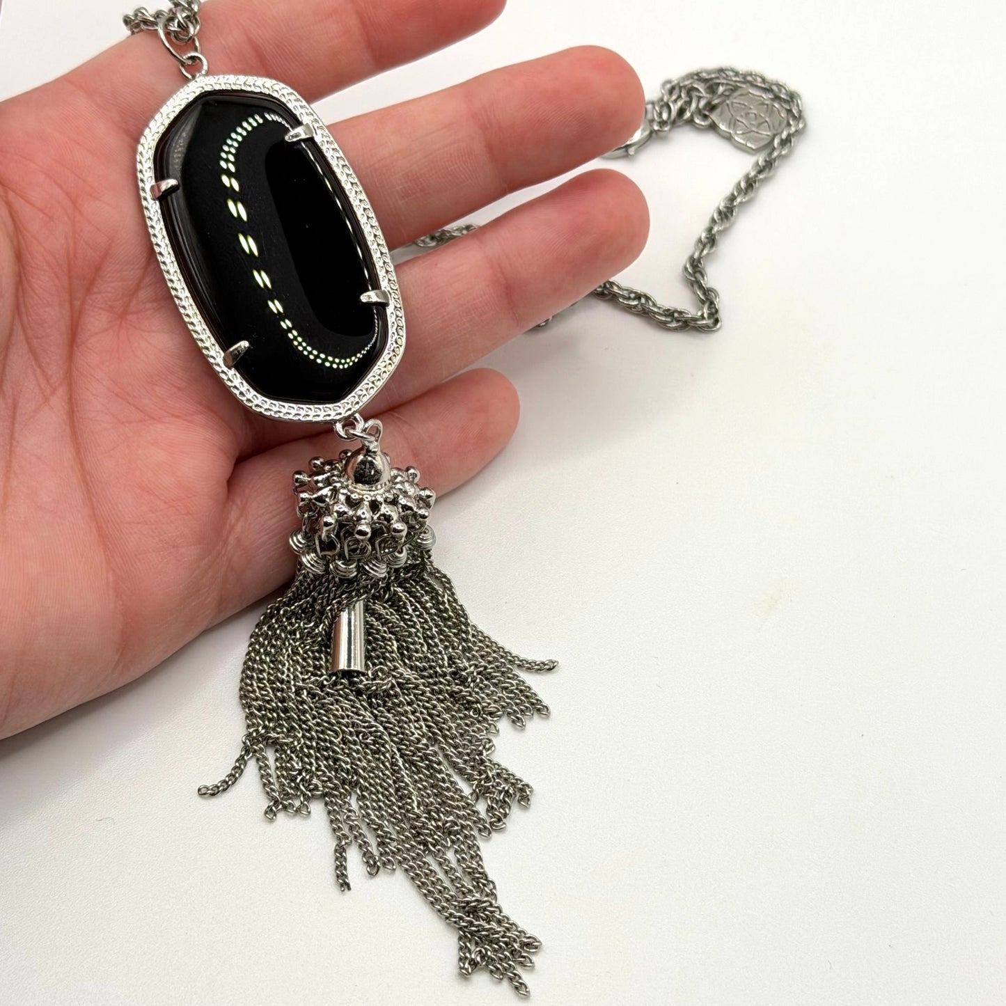 Kendra Scott Silver Chain Necklace With Black Stone & Tassel Pendant