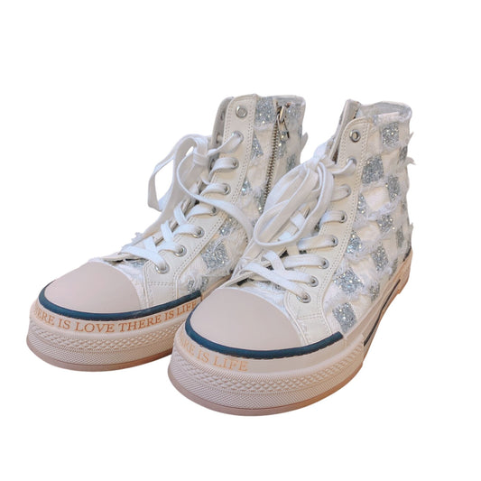 Rebecca White High-Top Glitter Checkered Sneakers 9.5