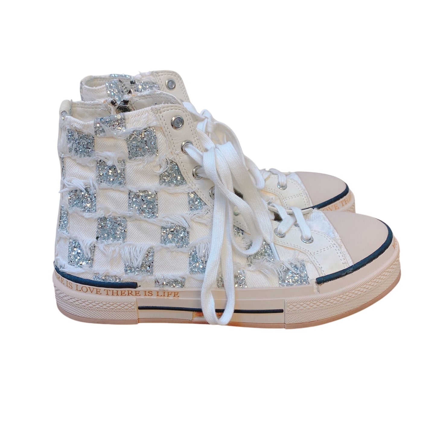 Rebecca White High-Top Glitter Checkered Sneakers 9.5