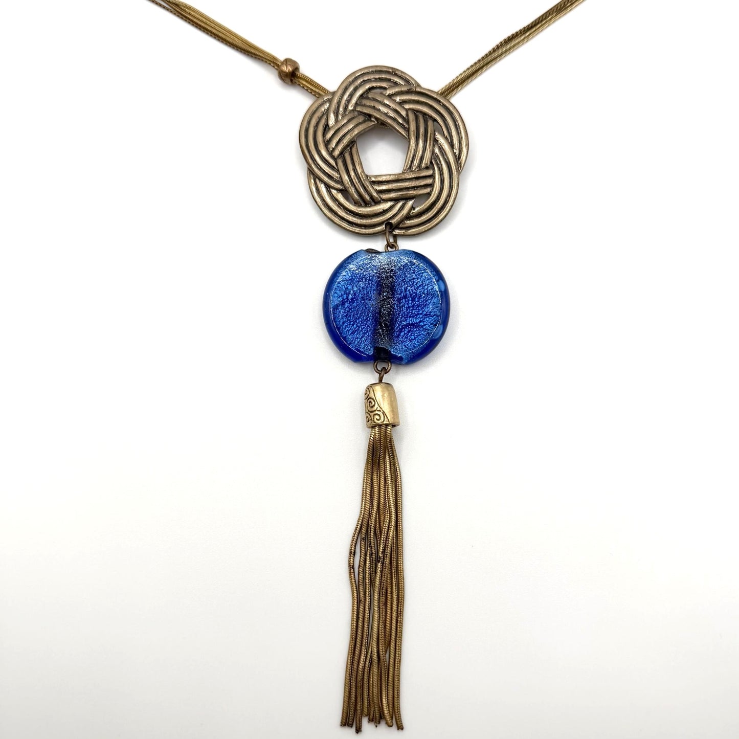 Chico's Long Gold Tone Tassel Necklace With Blue Glass & Woven Pendant