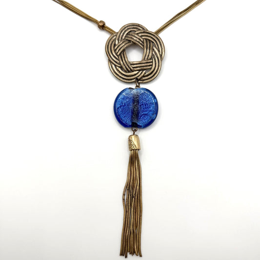 Chico's Long Gold Tone Tassel Necklace With Blue Glass & Woven Pendant