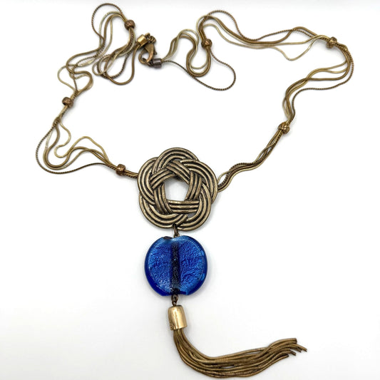 Chico's Long Gold Tone Tassel Necklace With Blue Glass & Woven Pendant