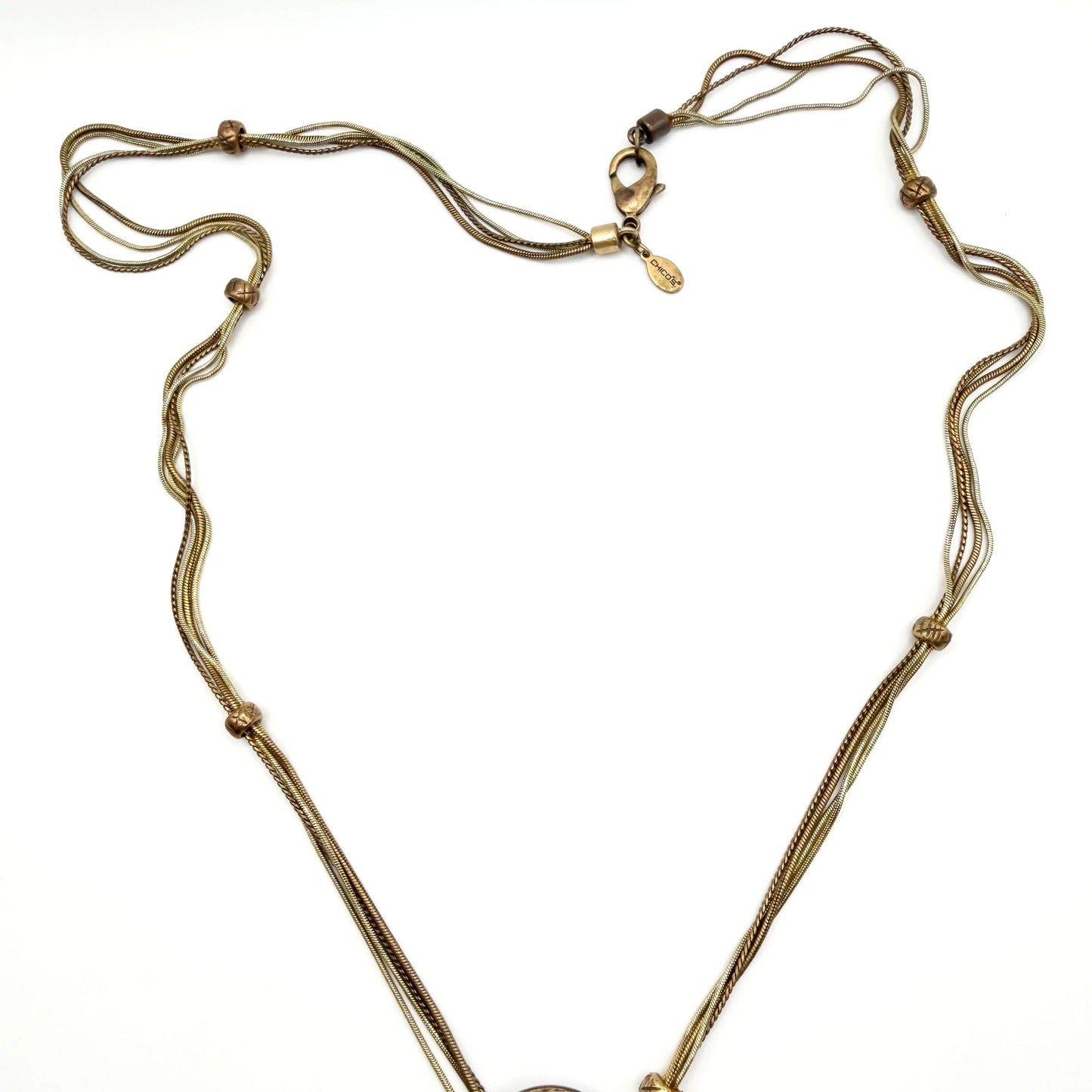 Chico's Long Gold Tone Tassel Necklace With Blue Glass & Woven Pendant