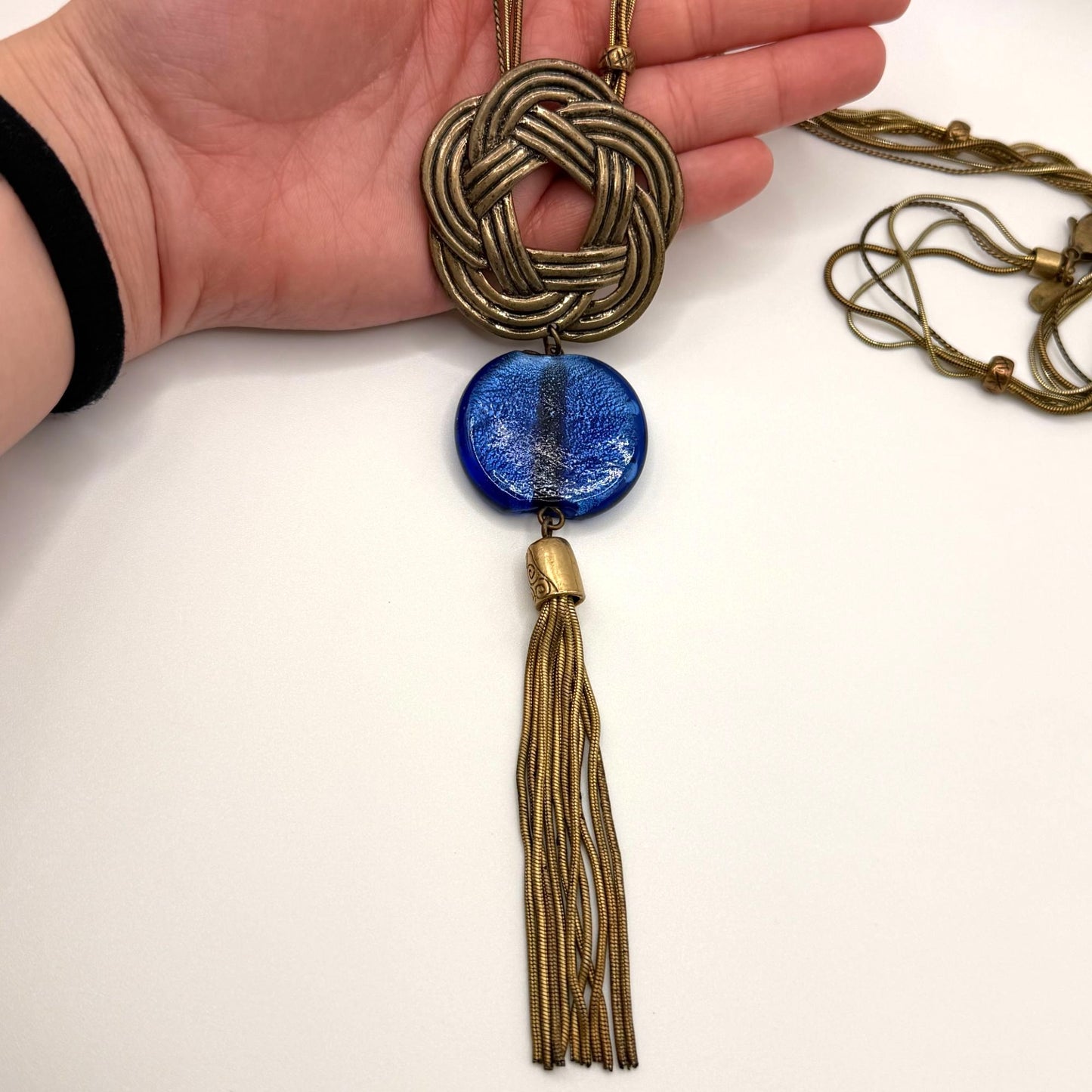 Chico's Long Gold Tone Tassel Necklace With Blue Glass & Woven Pendant