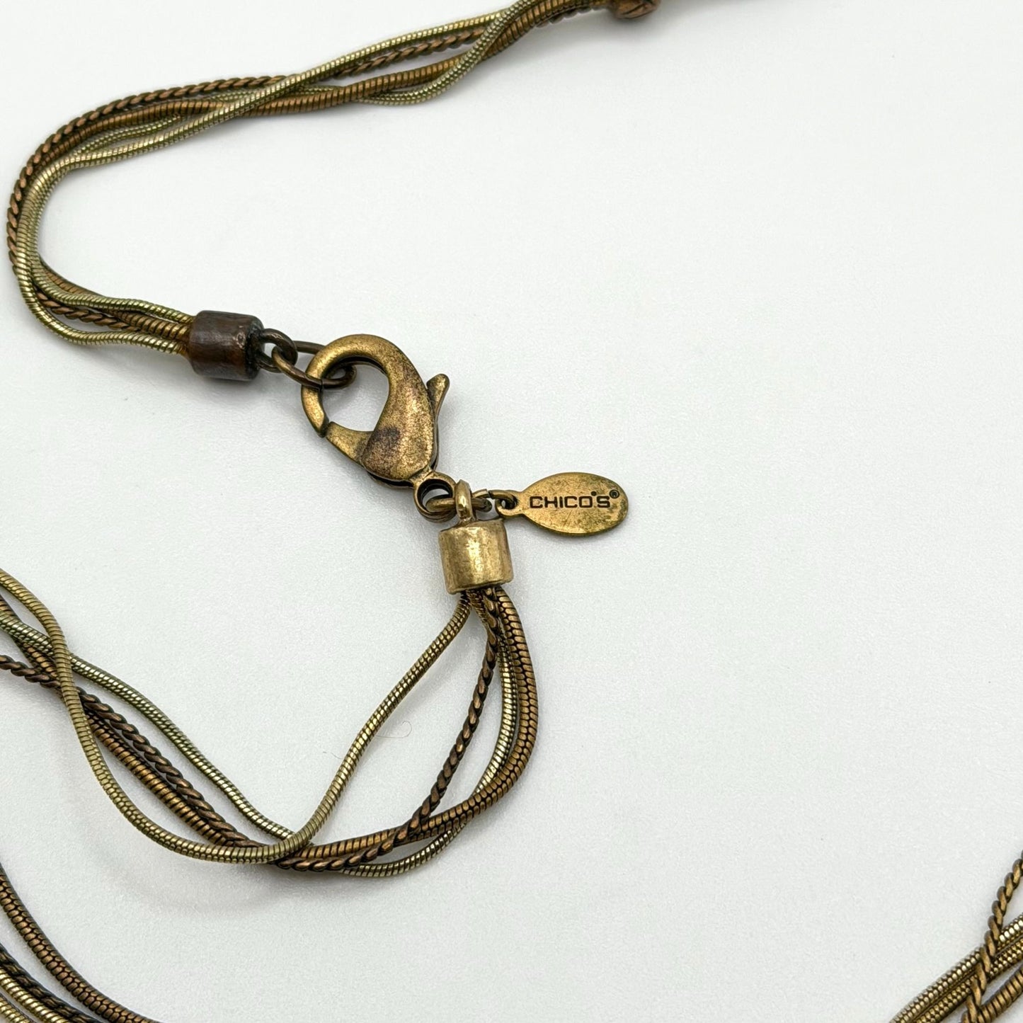 Chico's Long Gold Tone Tassel Necklace With Blue Glass & Woven Pendant