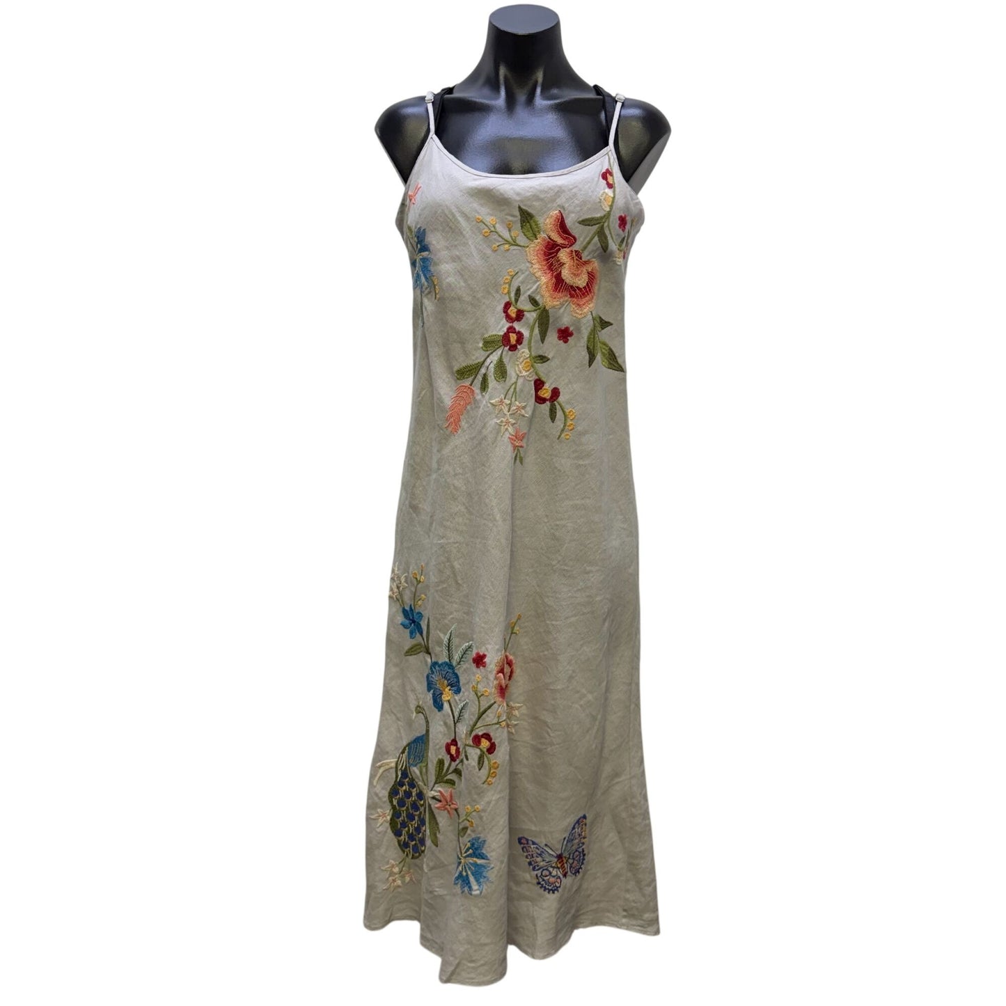 Johnny Was Linen Floral Embroidered Maxi Dress Gray Multicolor S