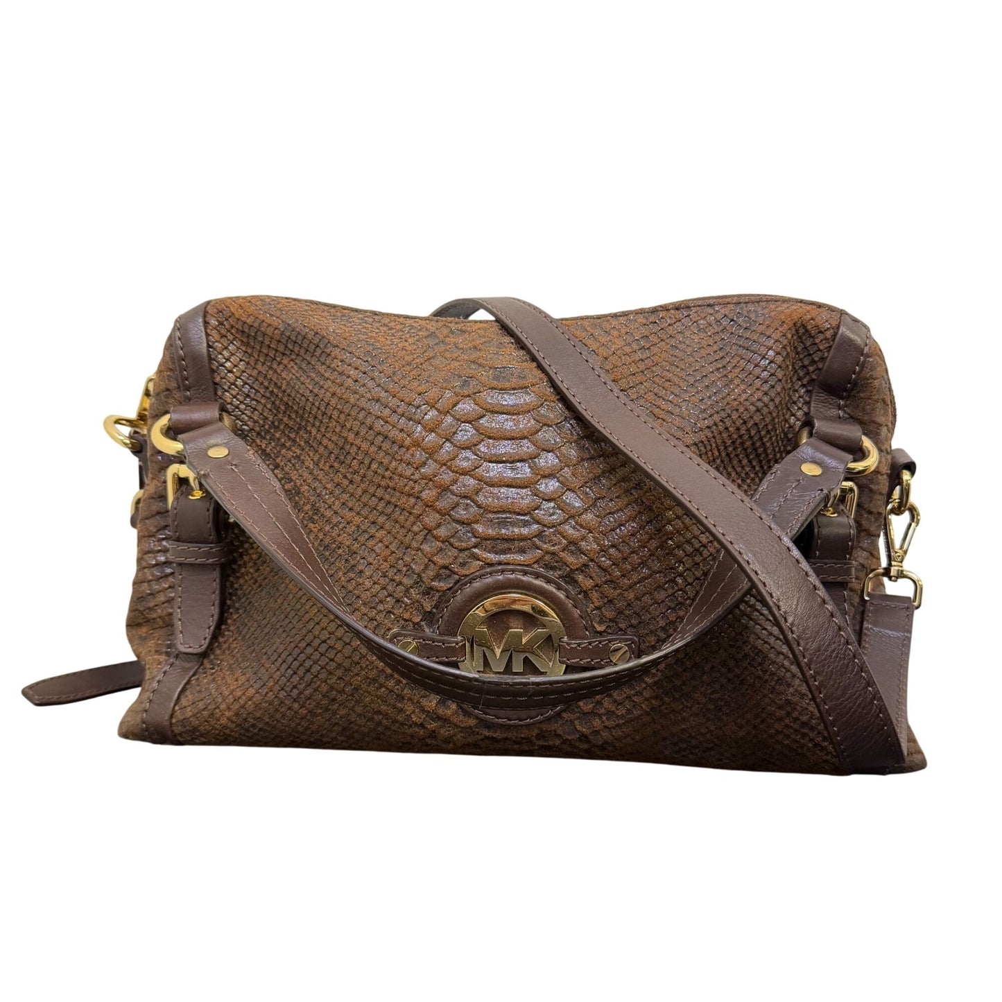 Michael Kors Brown Python-Embossed Leather Shoulder Bag With Adjustable Strap
