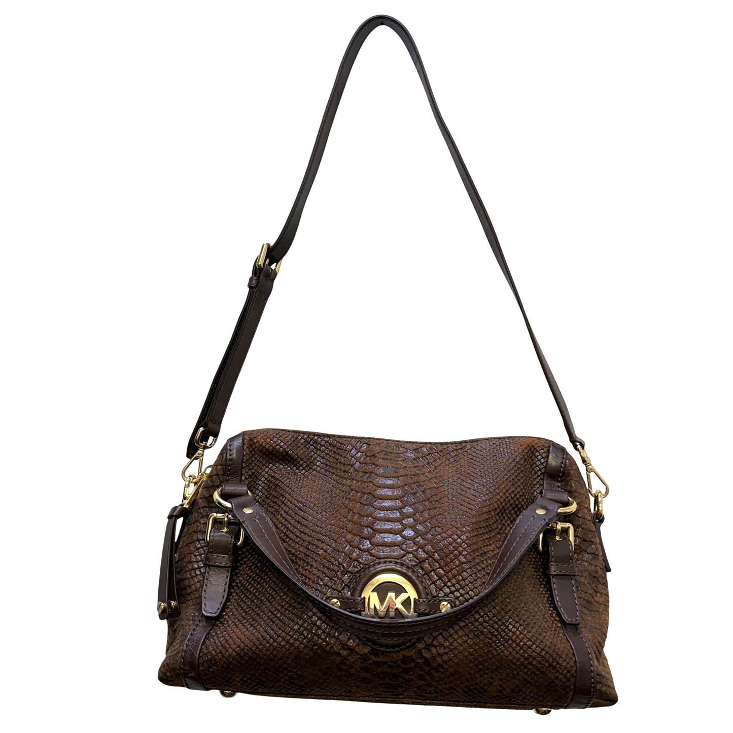 Michael Kors Brown Python-Embossed Leather Shoulder Bag With Adjustable Strap