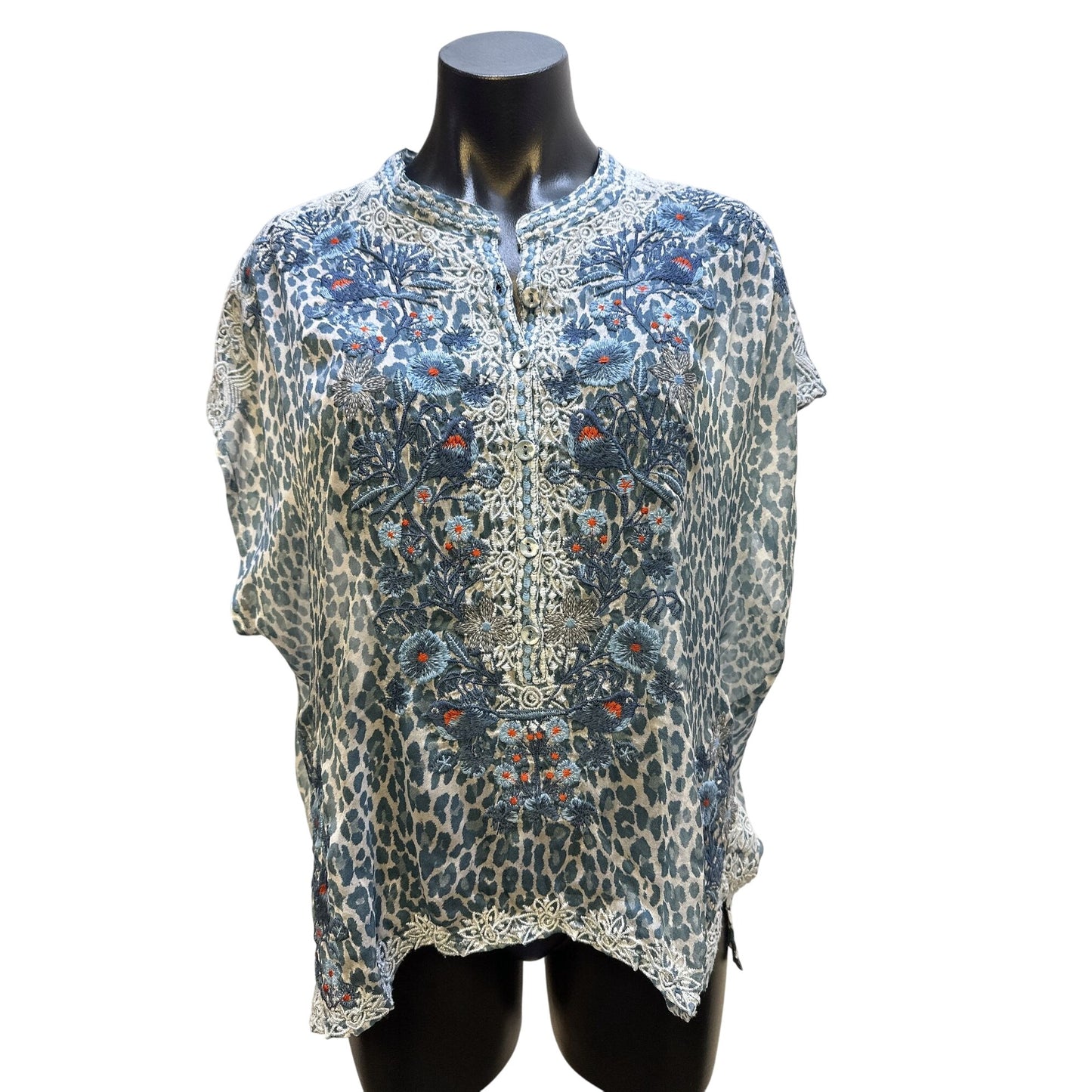 Johnny Was Embroidered Floral & Leopard Print Sheer Blouse Size XS