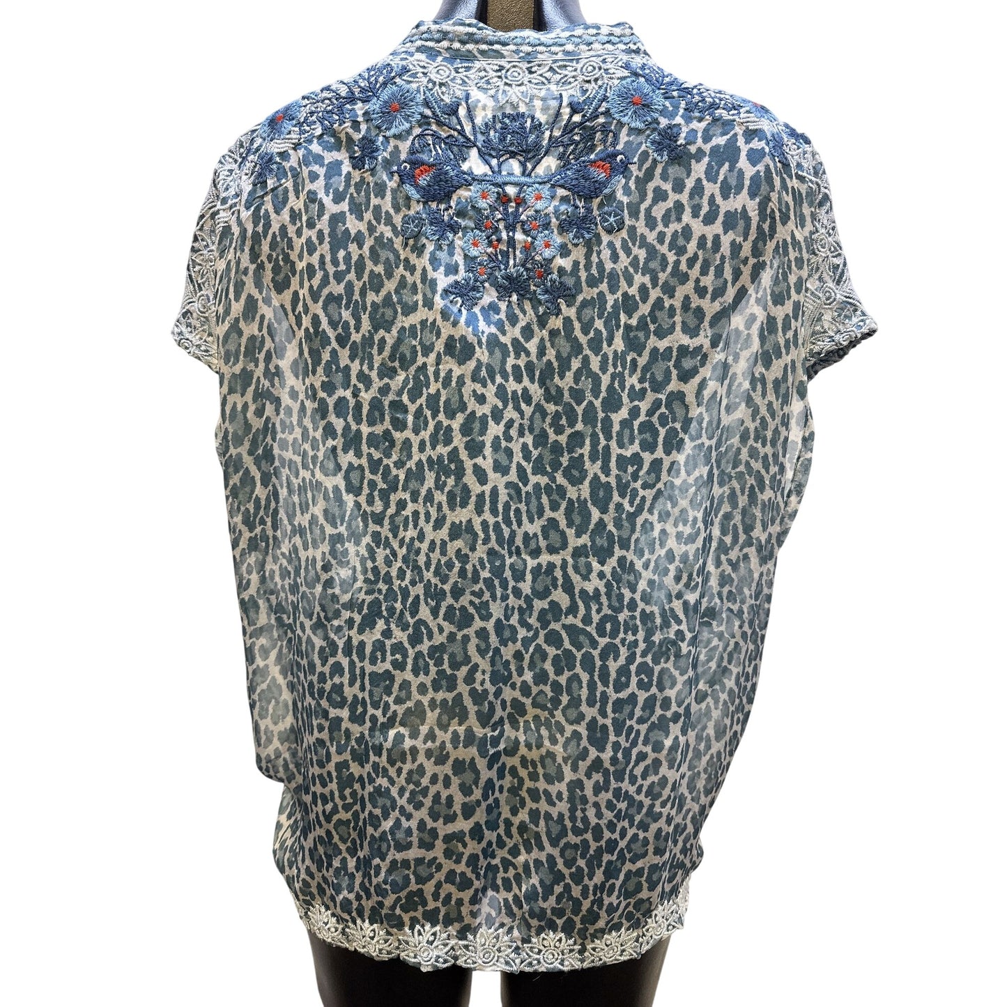 Johnny Was Embroidered Floral & Leopard Print Sheer Blouse Size XS