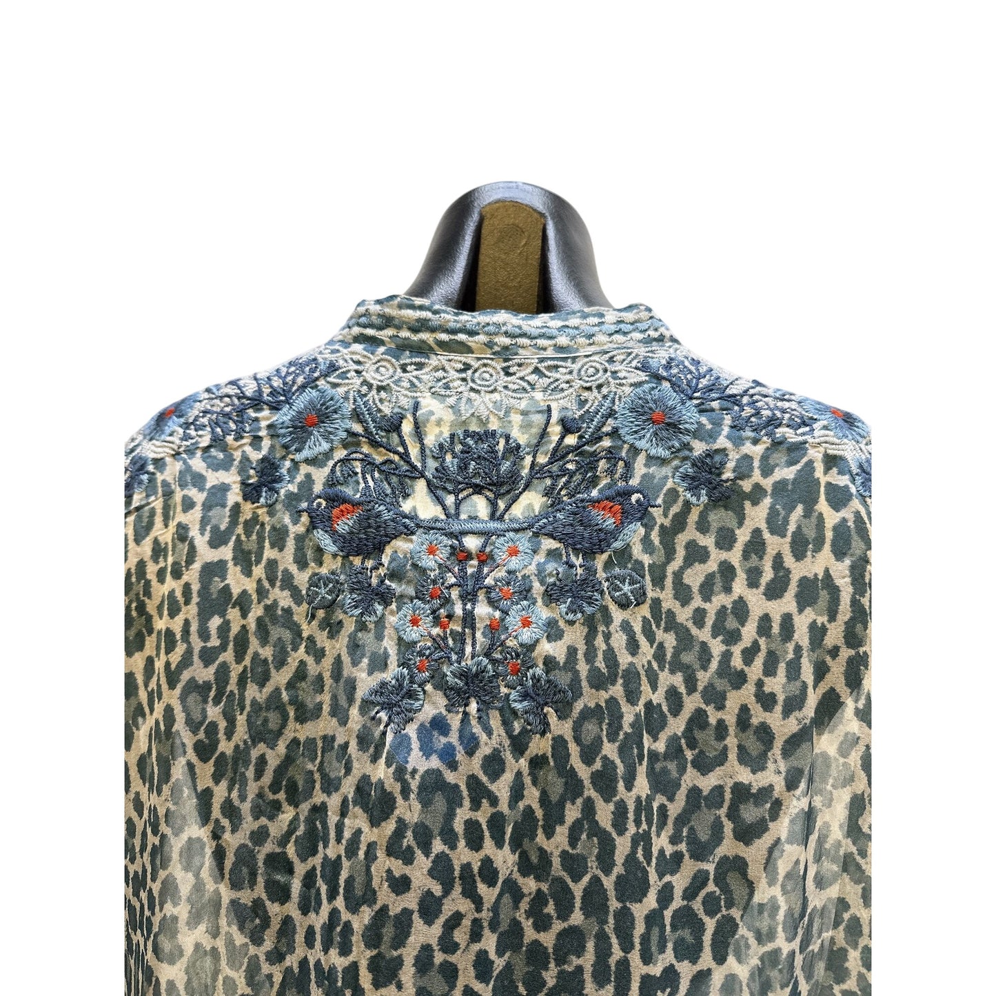 Johnny Was Embroidered Floral & Leopard Print Sheer Blouse Size XS