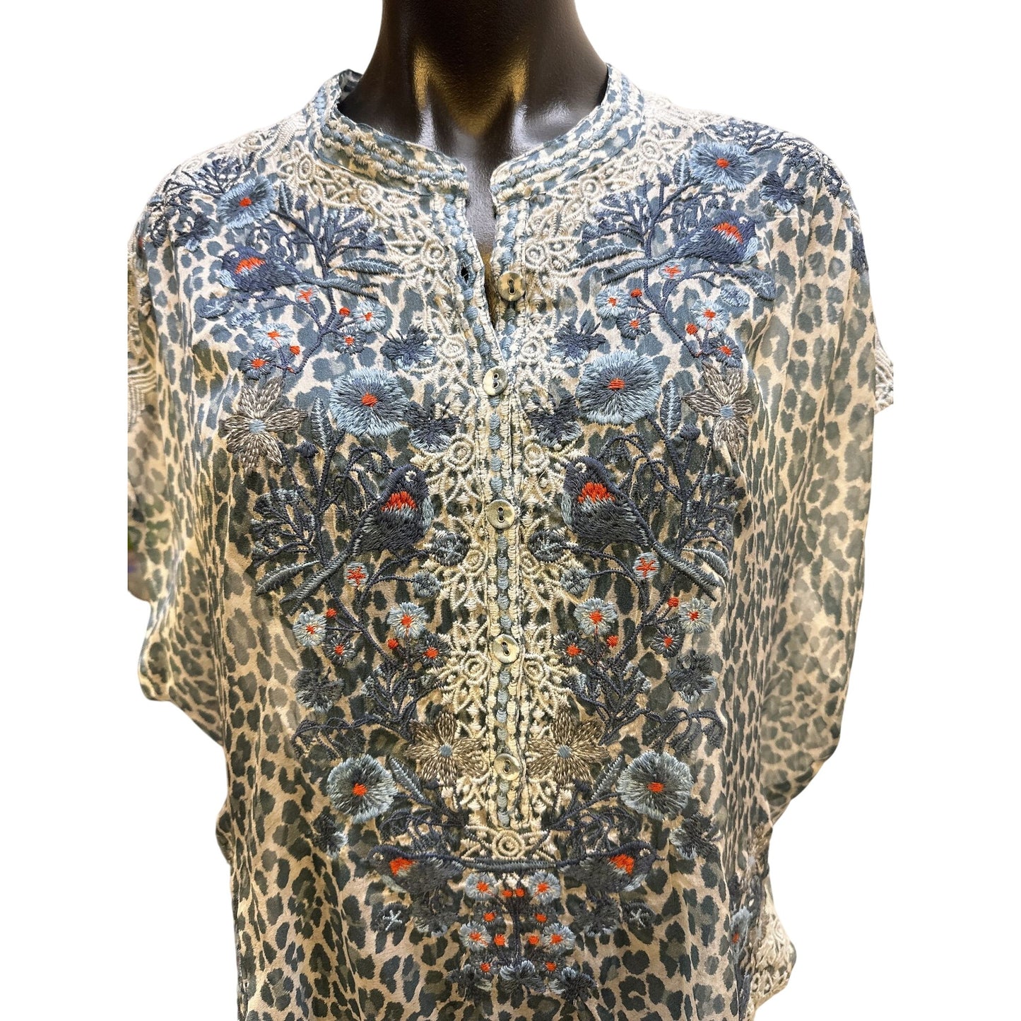 Johnny Was Embroidered Floral & Leopard Print Sheer Blouse Size XS