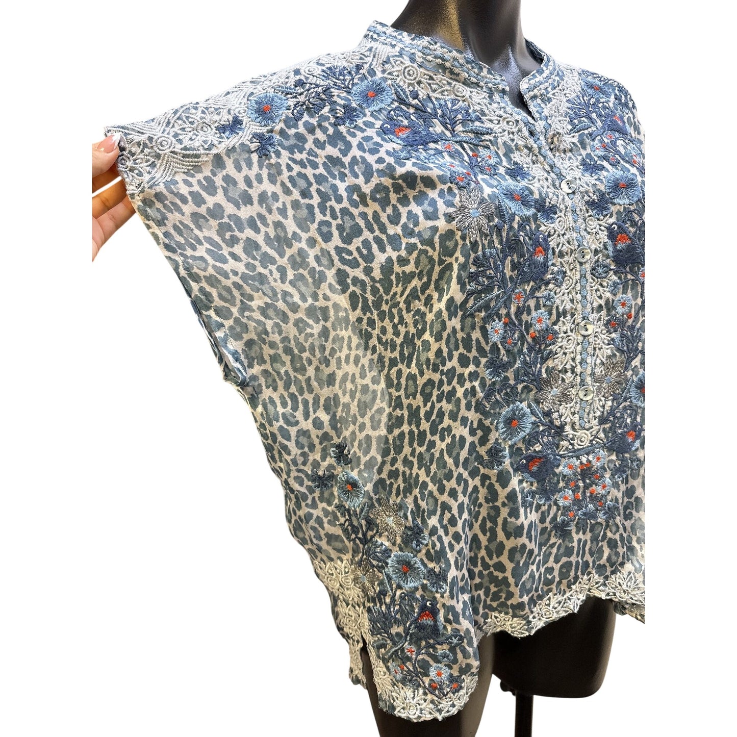 Johnny Was Embroidered Floral & Leopard Print Sheer Blouse Size XS