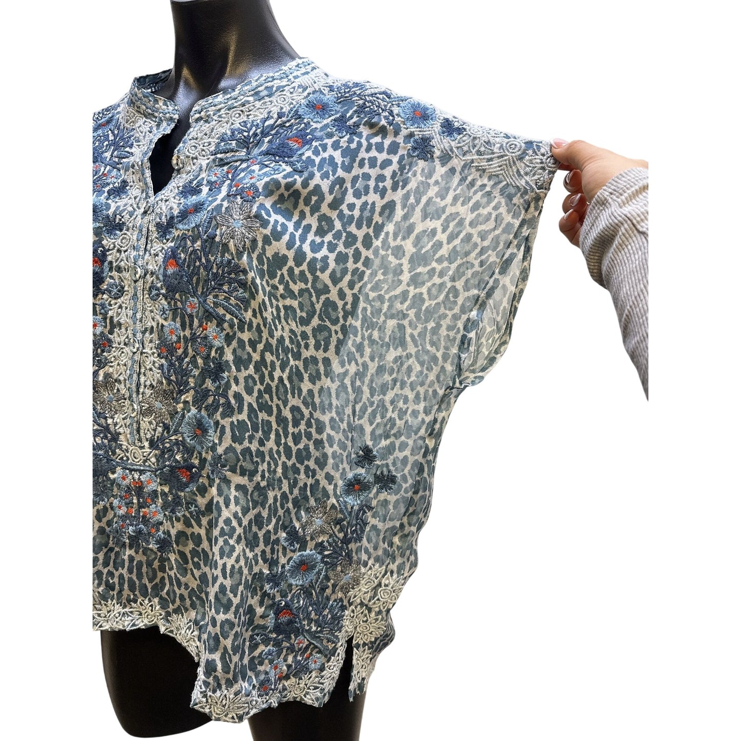 Johnny Was Embroidered Floral & Leopard Print Sheer Blouse Size XS