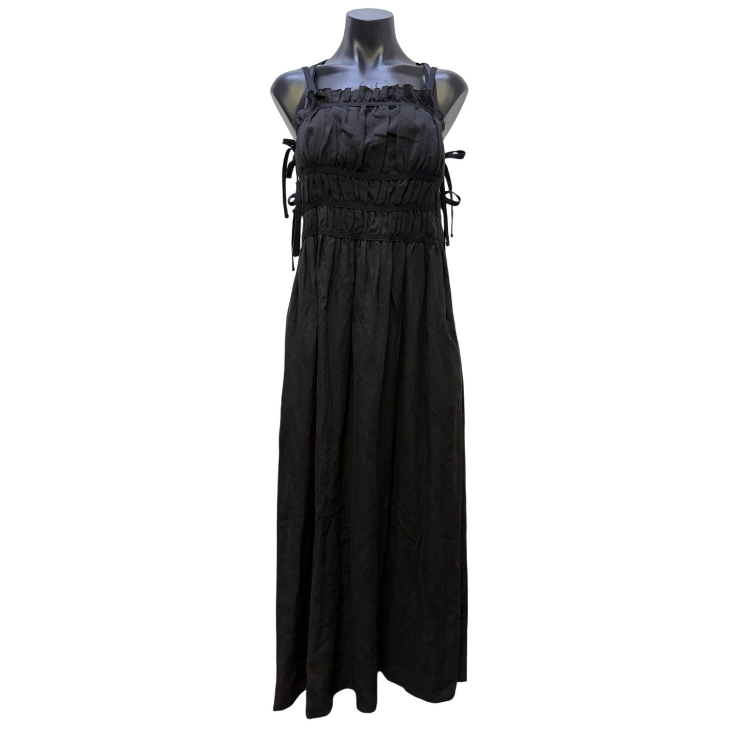 a. ren Black Linen Midi Dress With Smocked Bodice & Adjustable Straps M