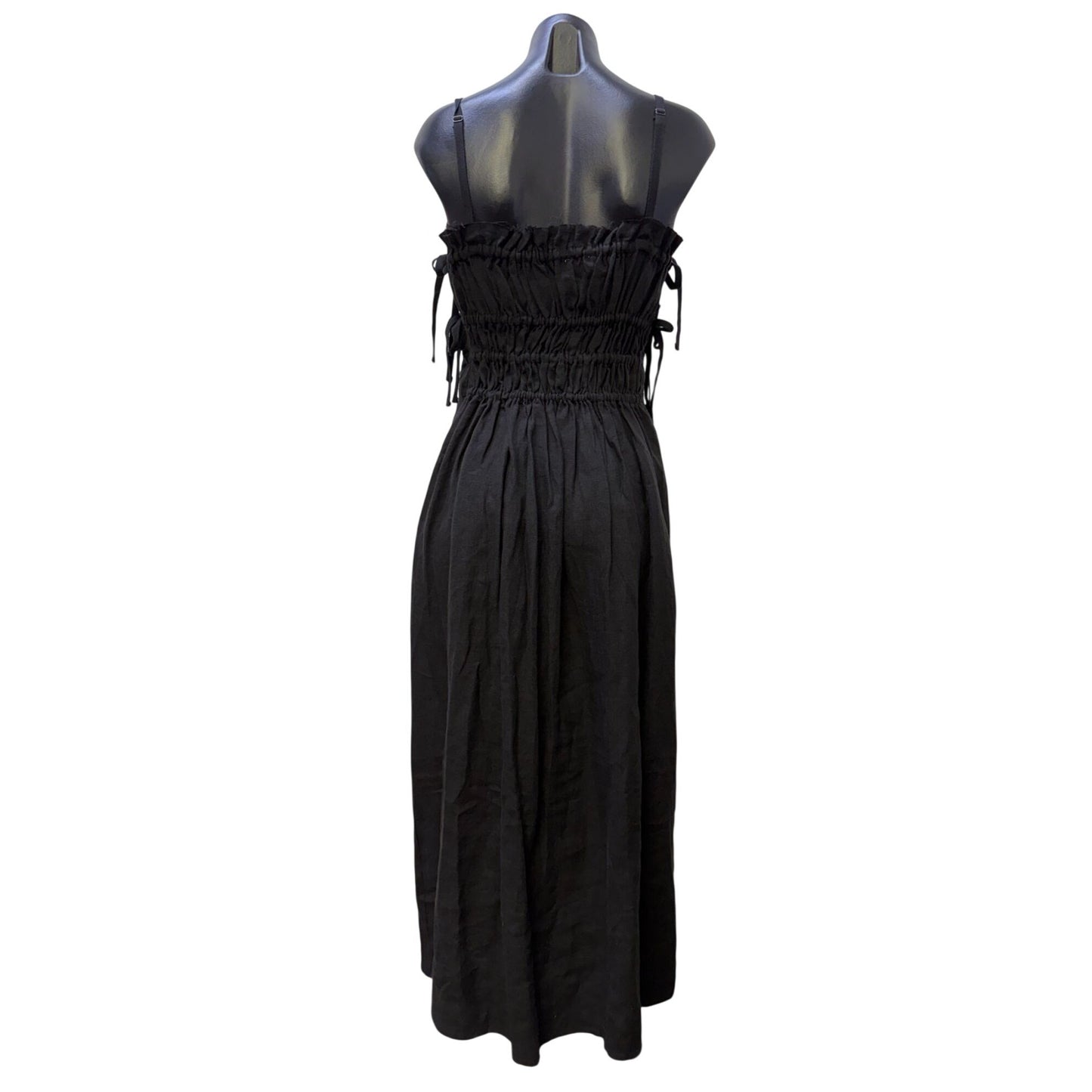 a. ren Black Linen Midi Dress With Smocked Bodice & Adjustable Straps M