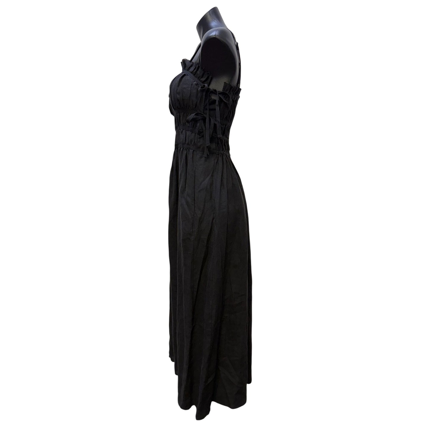 a. ren Black Linen Midi Dress With Smocked Bodice & Adjustable Straps M