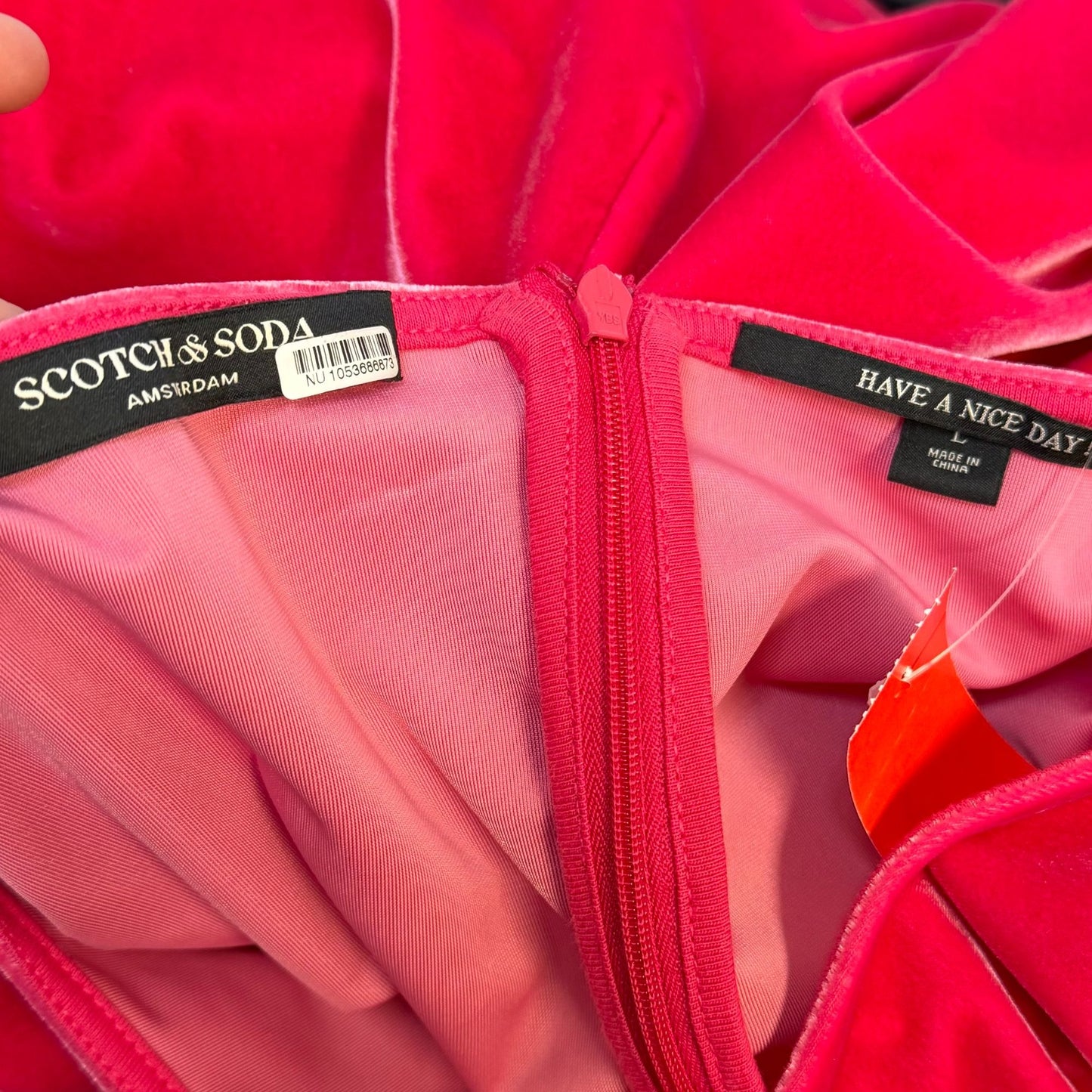 Scotch & Soda Pink Velvet Dress With Ruched Skirt & Short Puff Sleeves L