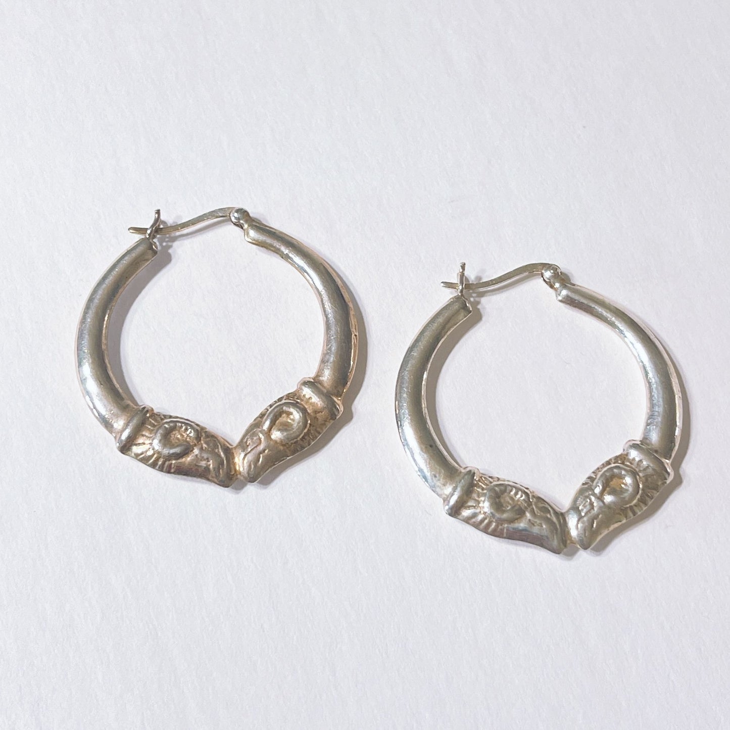 Vintage Sterling Silver Double Facing Rams Hoop Earrings L