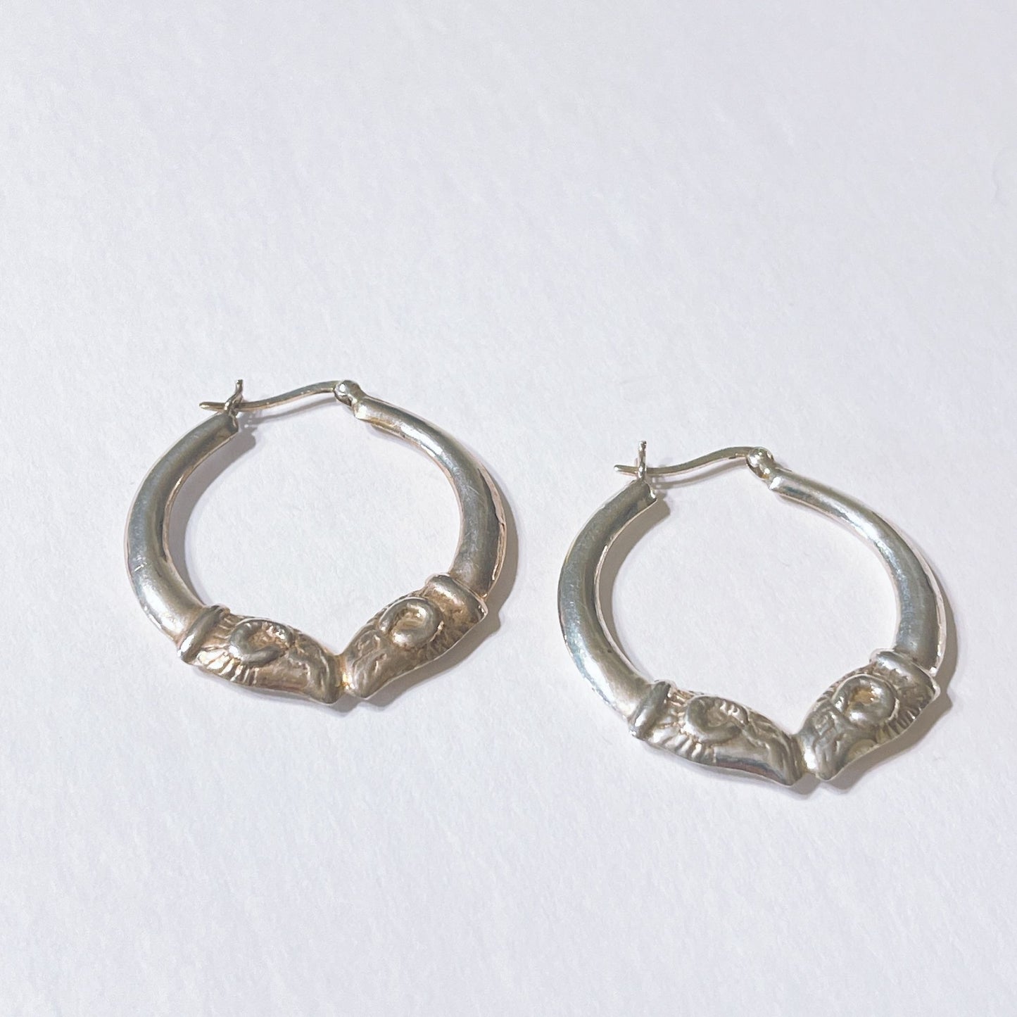 Vintage Sterling Silver Double Facing Rams Hoop Earrings L