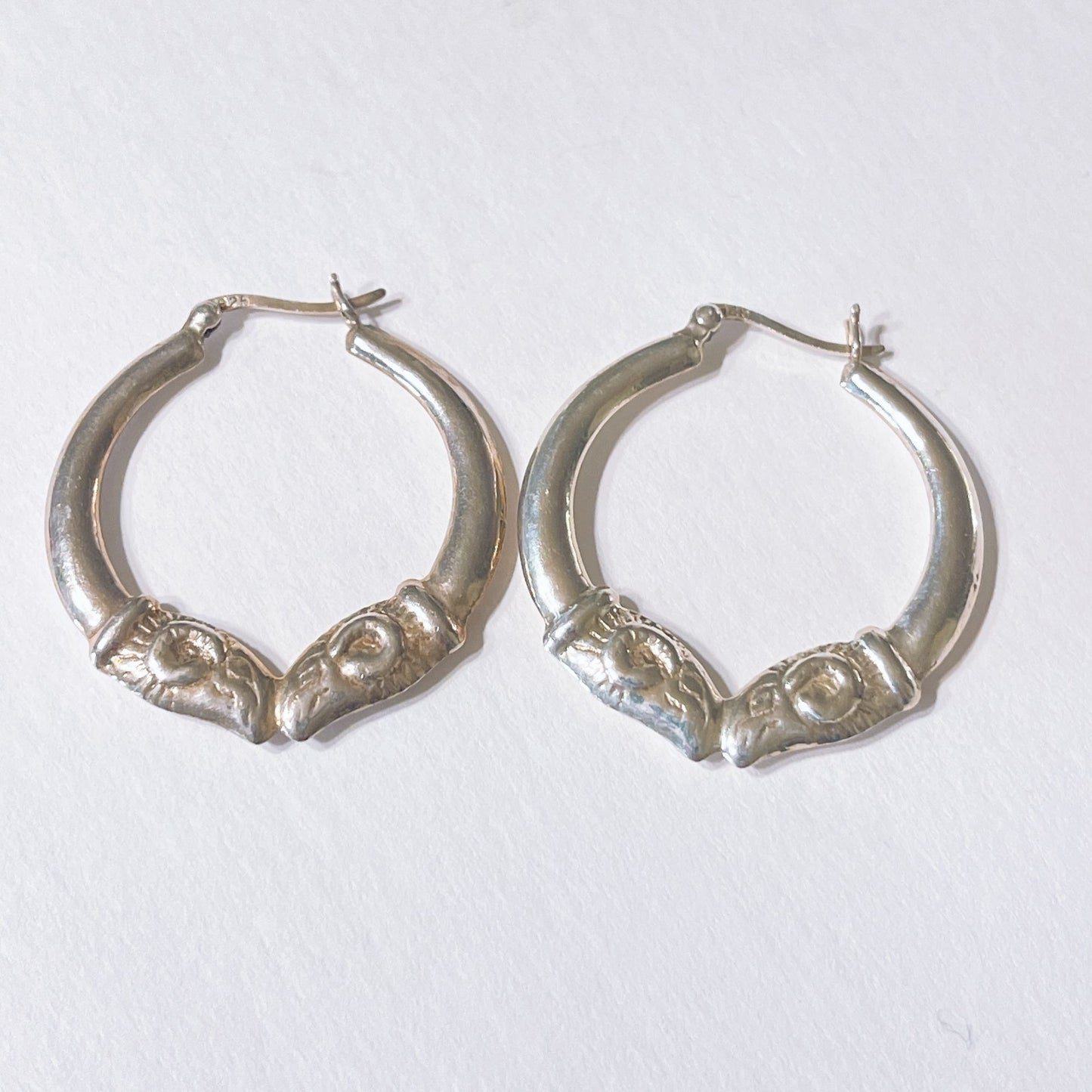 Vintage Sterling Silver Double Facing Rams Hoop Earrings L