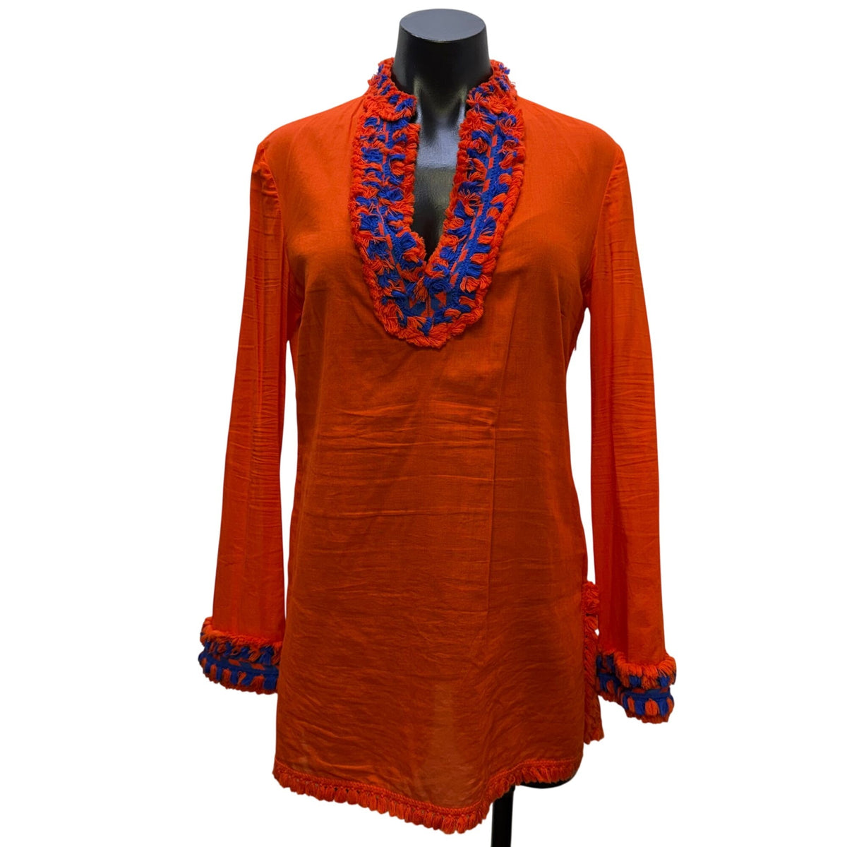 Tory Burch Orange Blouse With Blue Embellished Details Size 6