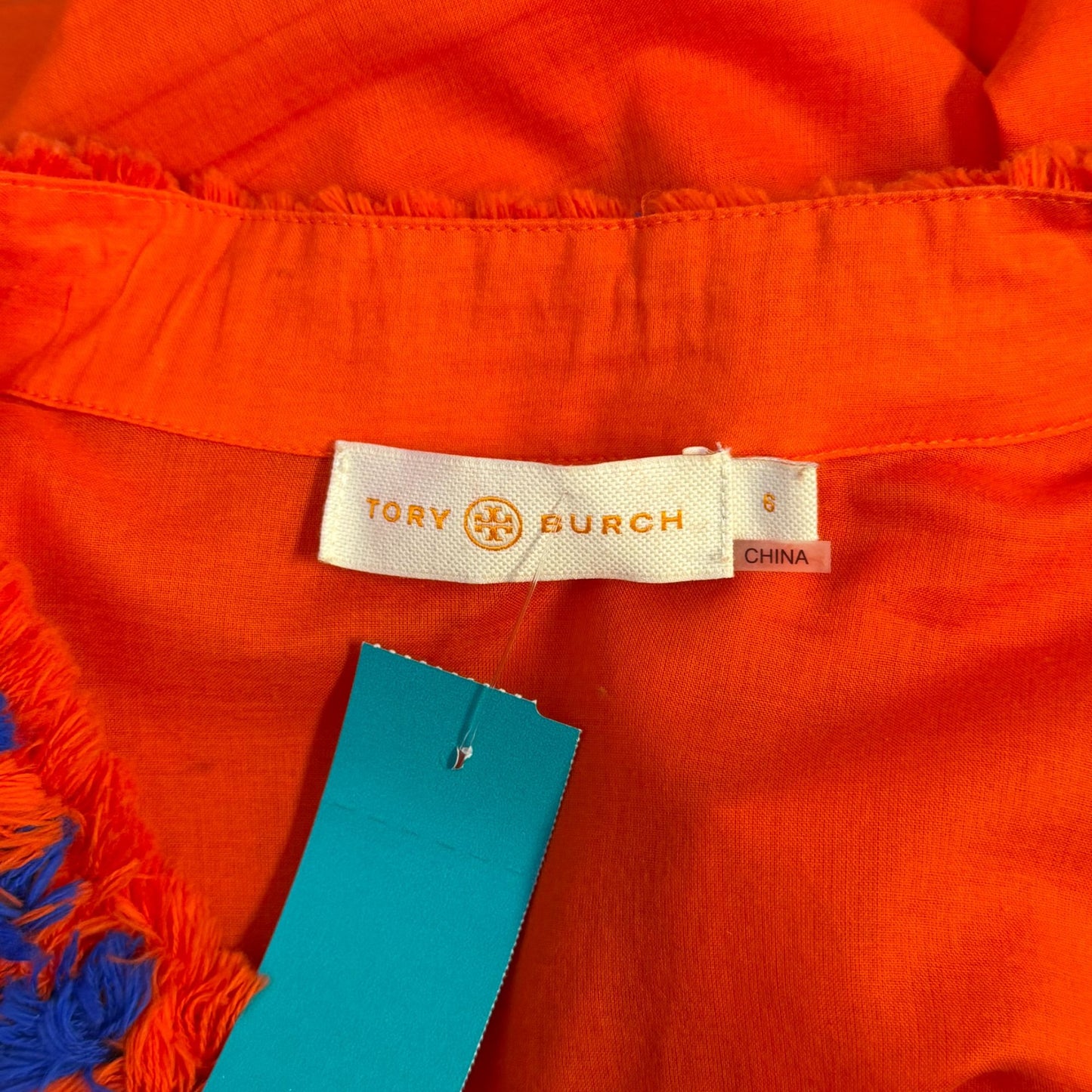 Tory Burch Orange Blouse With Blue Embellished Details Size 6