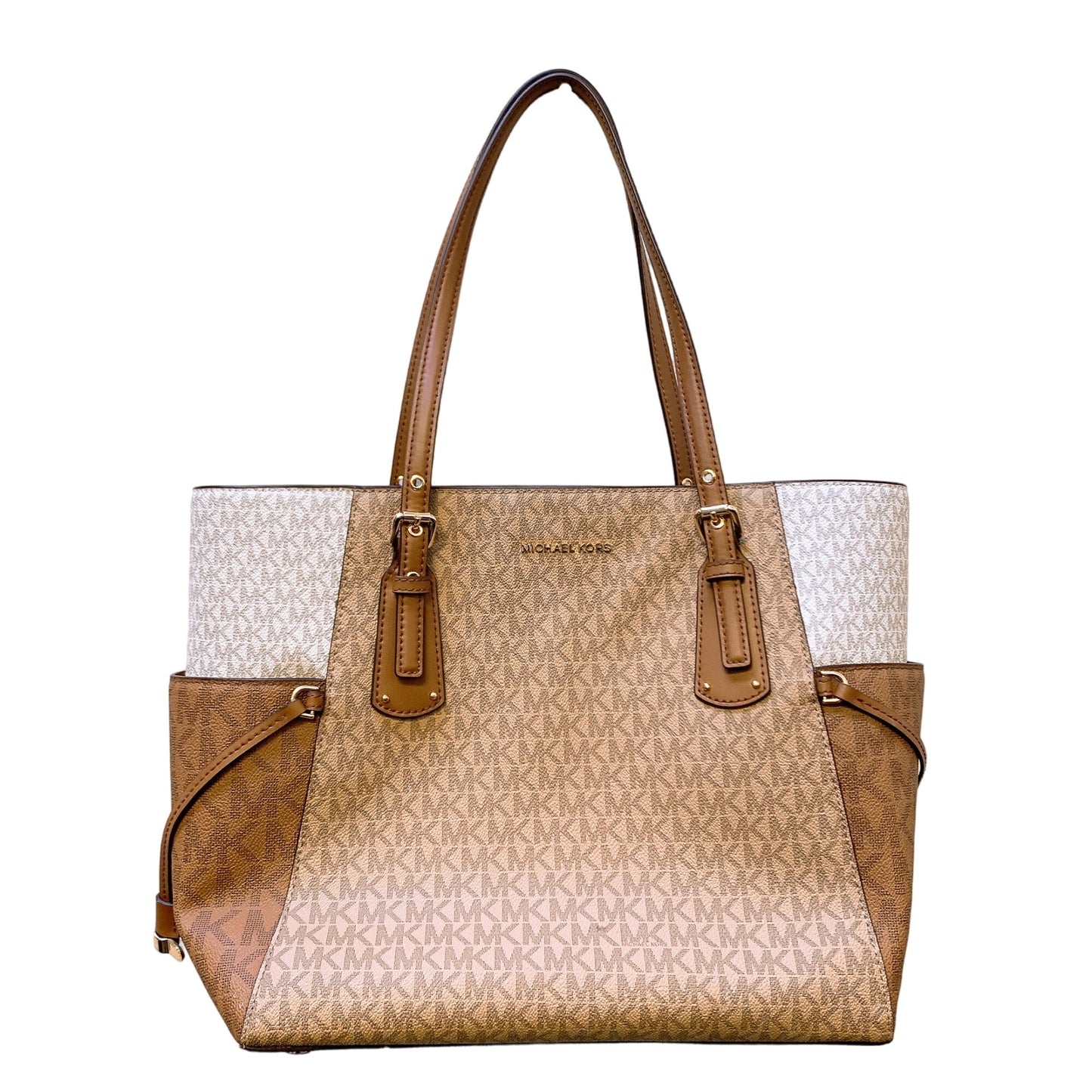 NWT Michael Kors Voyager Tote Bag Tan Leather & Canvas MK Logo Print