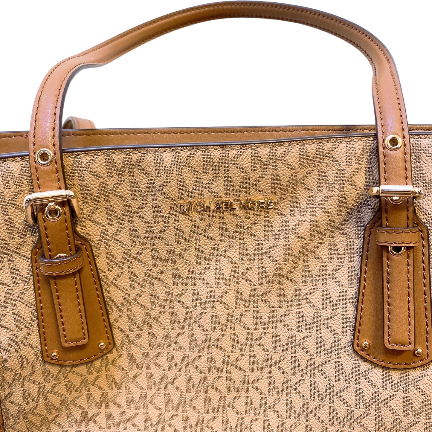 NWT Michael Kors Voyager Tote Bag Tan Leather & Canvas MK Logo Print