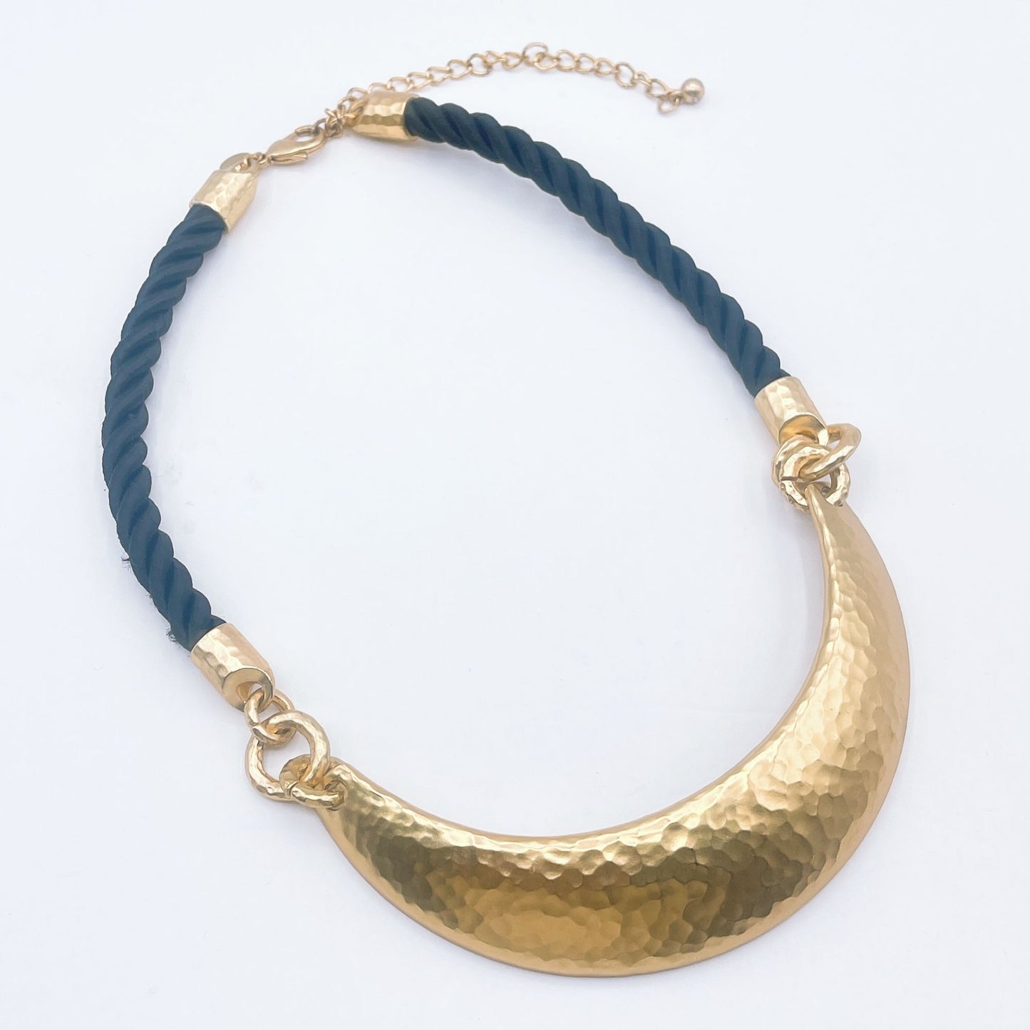 Chico's Gold-Tone Hammered Crescent Bib Necklace Black Twist Cord