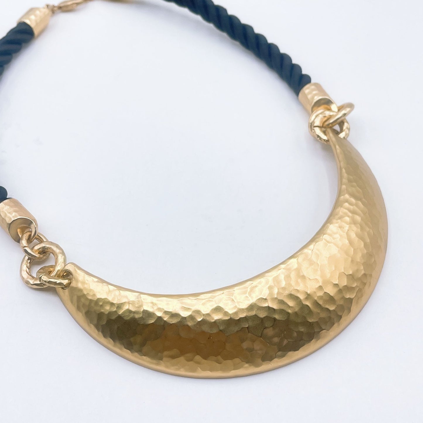 Chico's Gold-Tone Hammered Crescent Bib Necklace Black Twist Cord