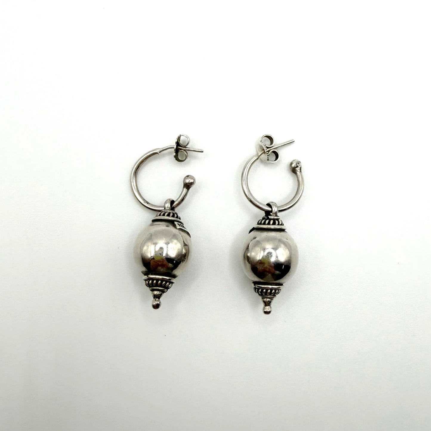 Bali 925 Sterling Silver Hoop Earrings With Ornate Bead Accents