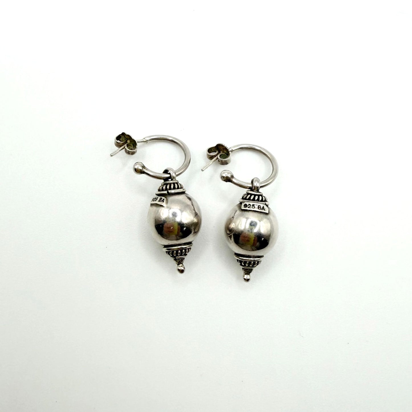 Bali 925 Sterling Silver Hoop Earrings With Ornate Bead Accents