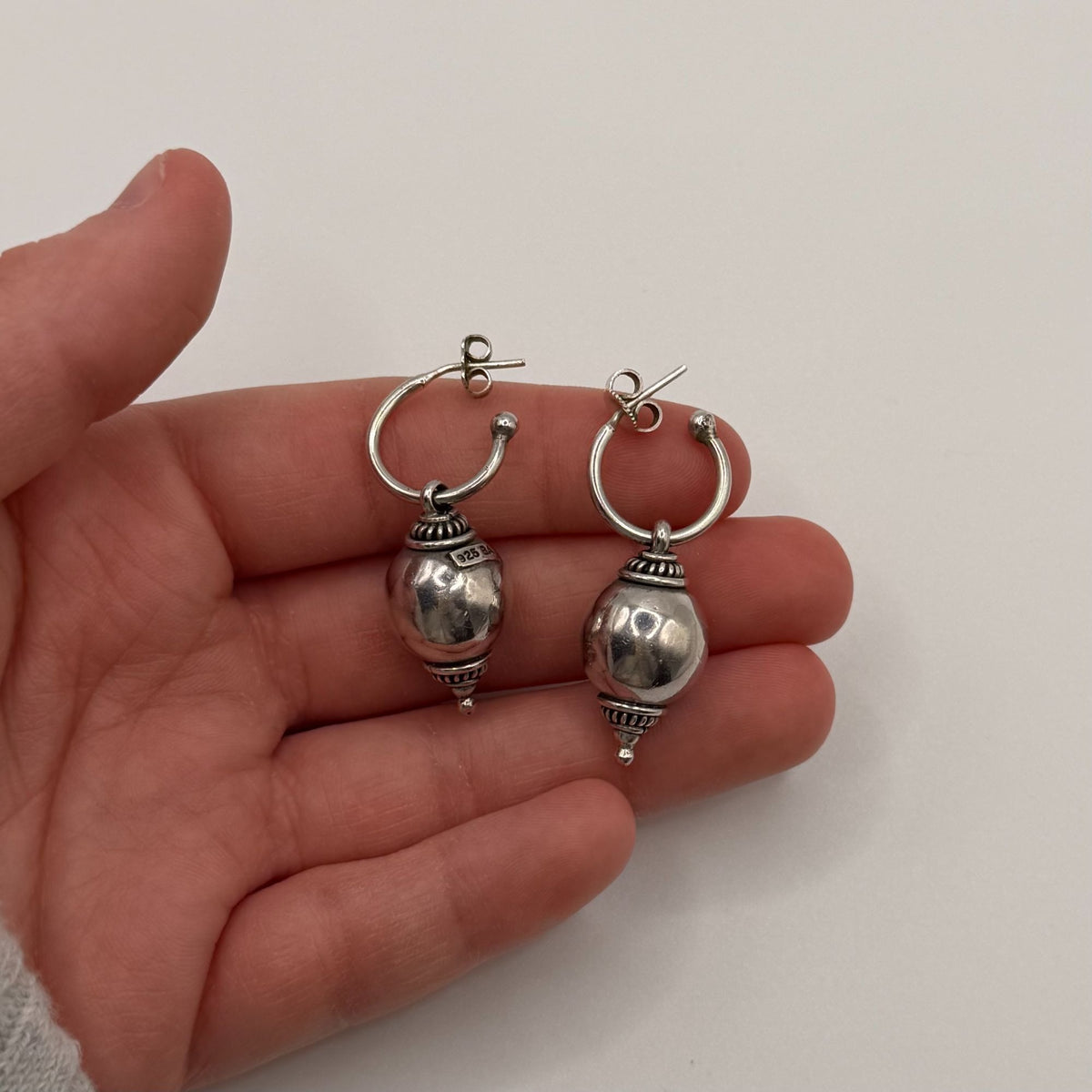 Bali 925 Sterling Silver Hoop Earrings With Ornate Bead Accents