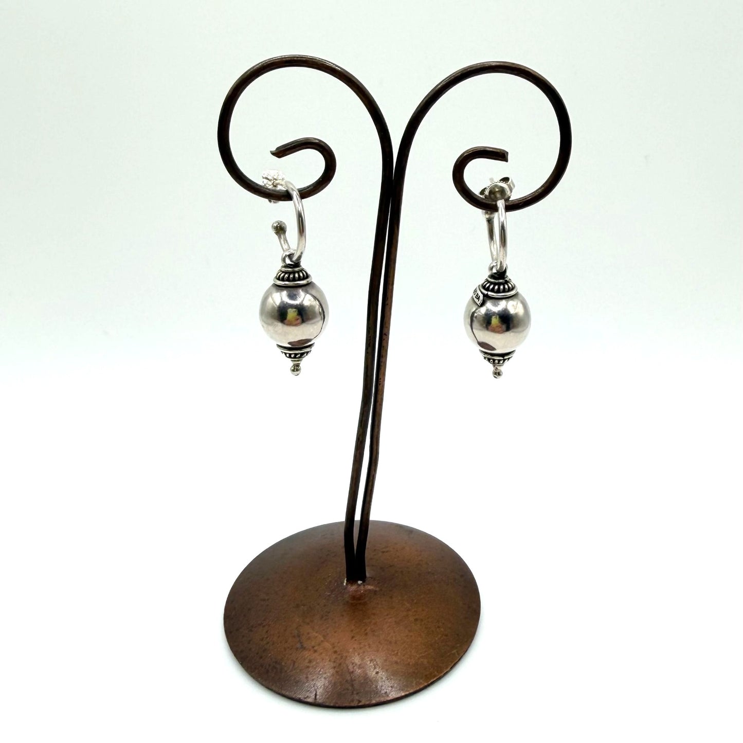 Bali 925 Sterling Silver Hoop Earrings With Ornate Bead Accents