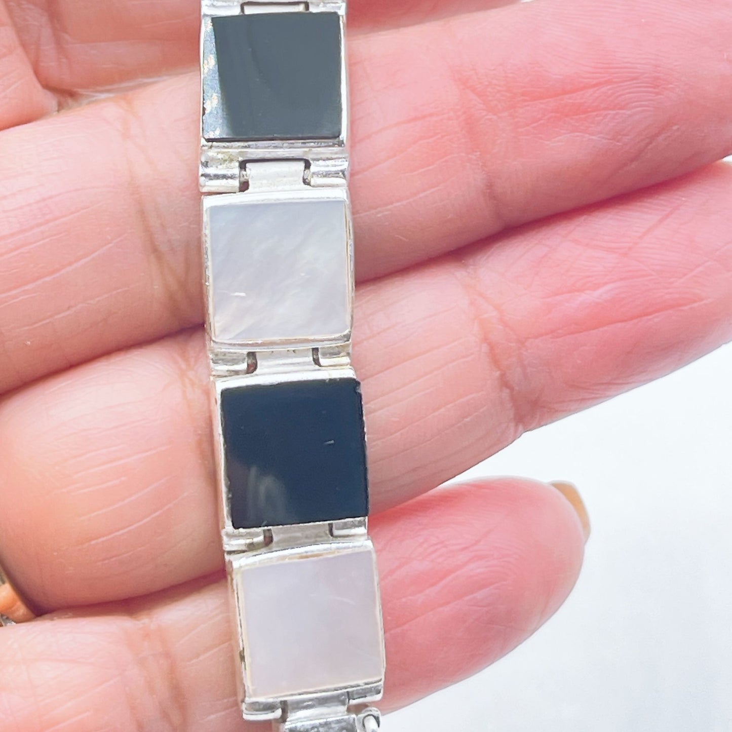 Sterling Silver 925 Black & White Bracelet With Square Links