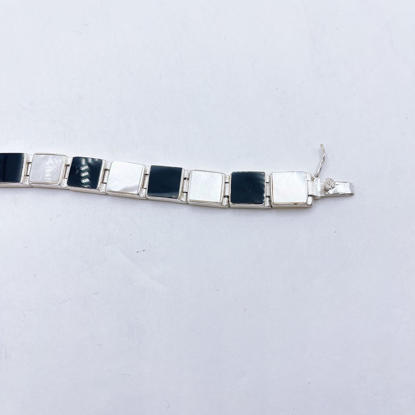 Sterling Silver 925 Black & White Bracelet With Square Links