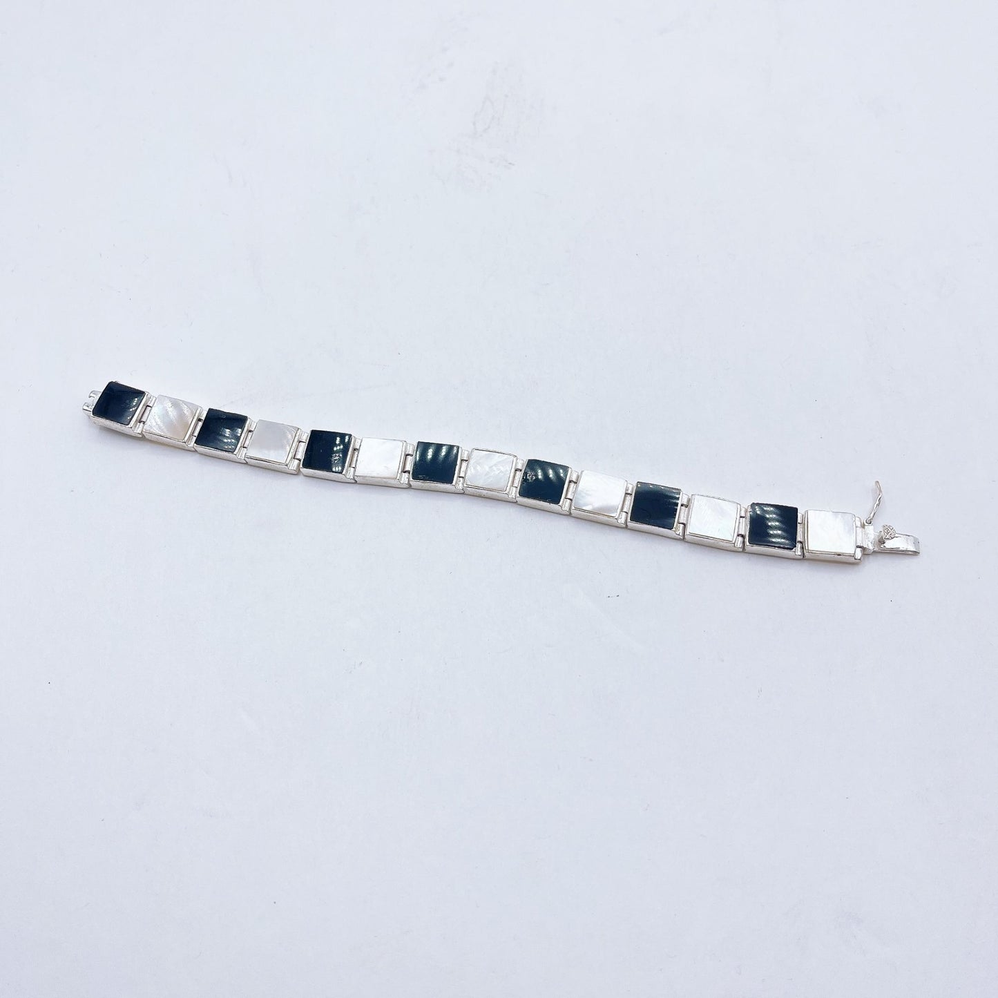 Sterling Silver 925 Black & White Bracelet With Square Links