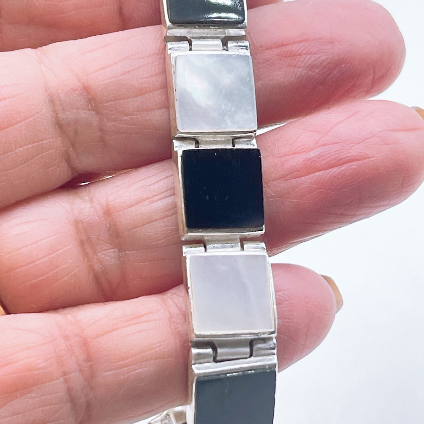 Sterling Silver 925 Black & White Bracelet With Square Links