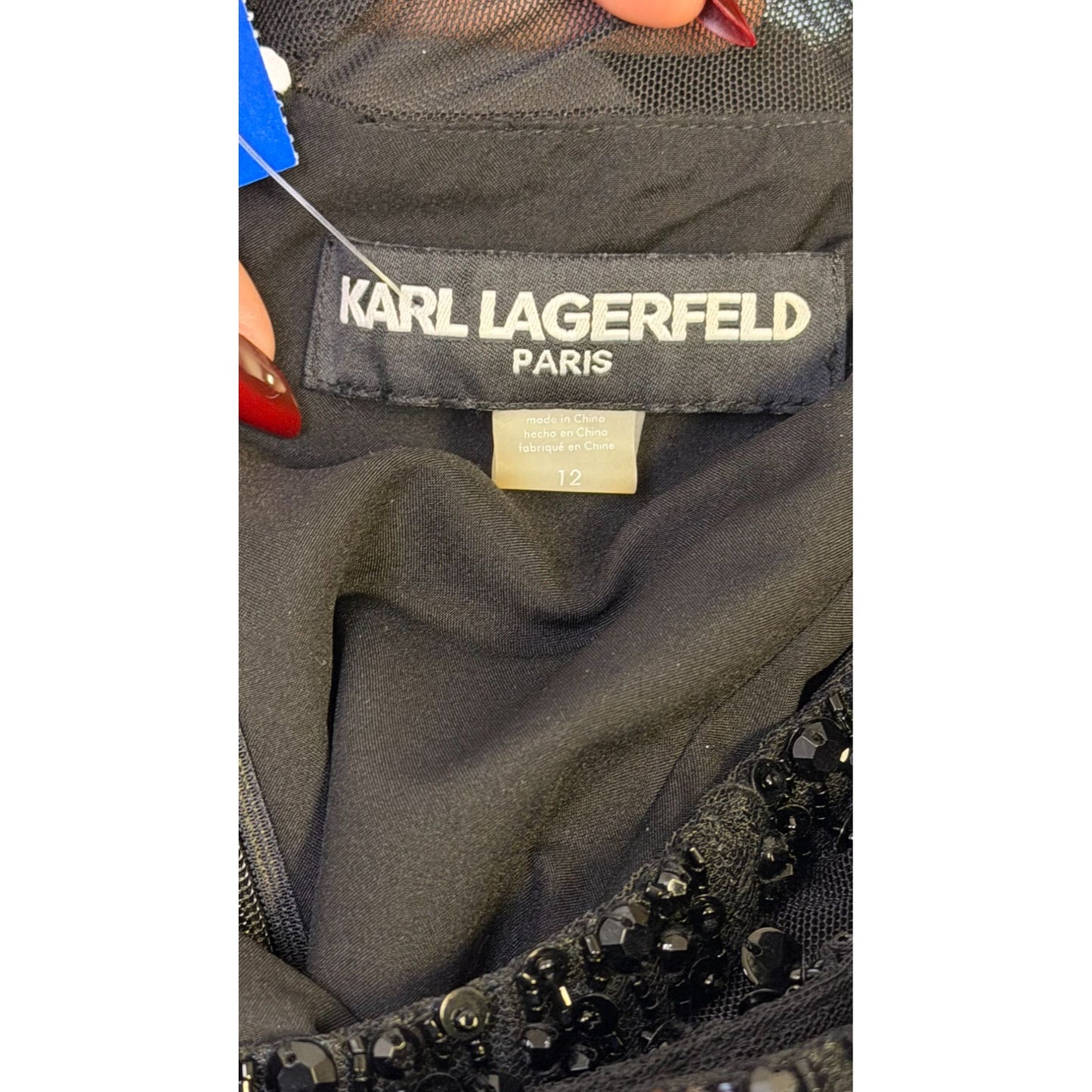 NWT Karl Lagerfeld Black Beaded Neckline Sleeveless Evening Gown Size 12