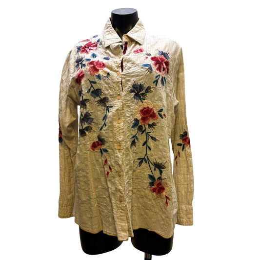 Johnny Was 3J Workshop Tan Embroidered Floral Button-Up Blouse L