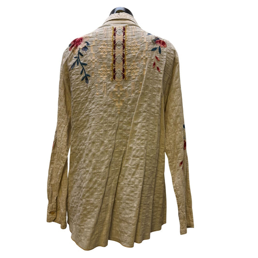 Johnny Was 3J Workshop Tan Embroidered Floral Button-Up Blouse L