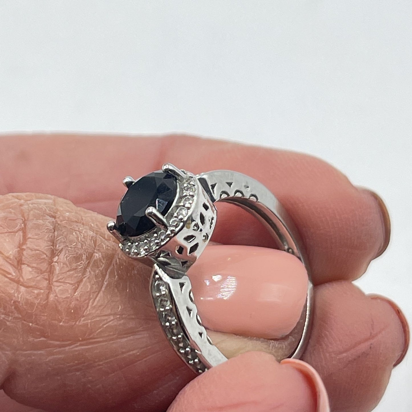 925 Sterling Silver Black Stone Ring With White Accents