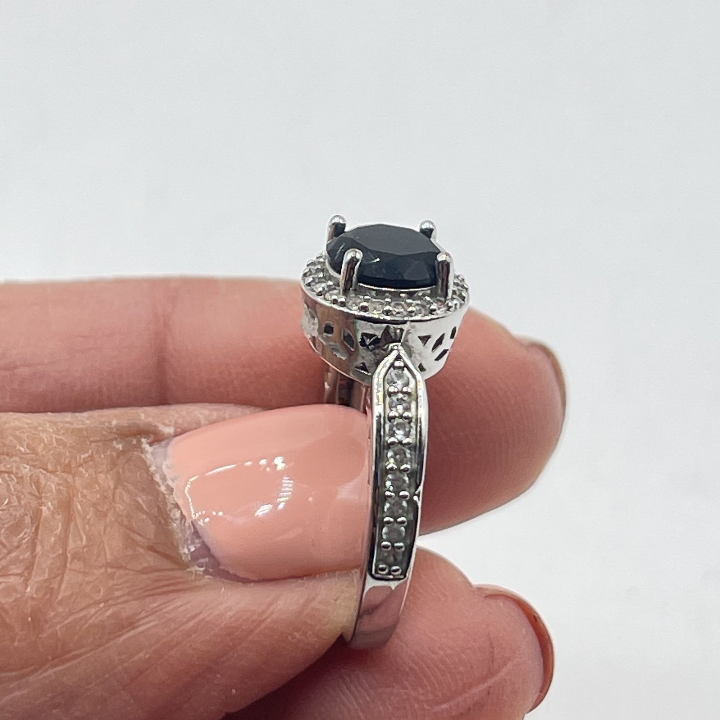 925 Sterling Silver Black Stone Ring With White Accents