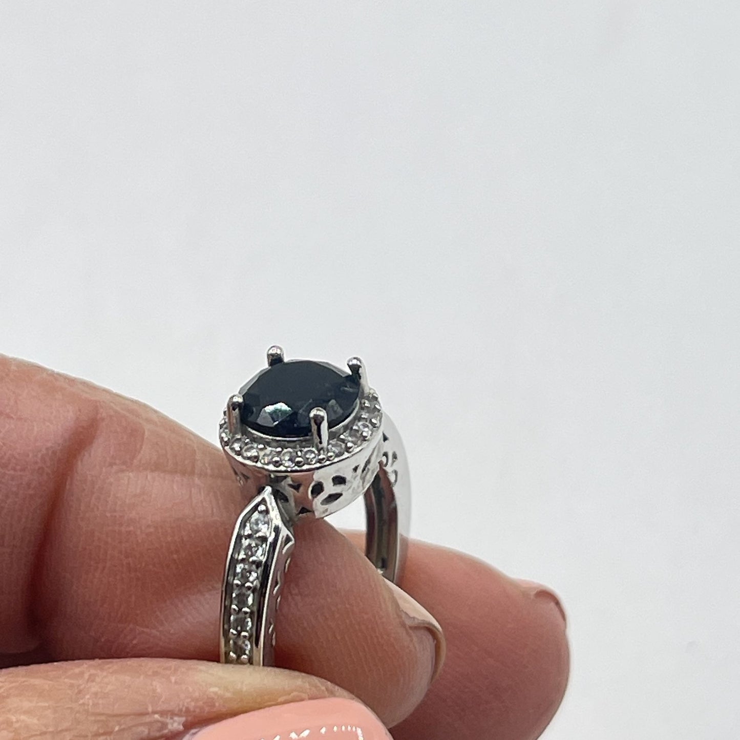 925 Sterling Silver Black Stone Ring With White Accents