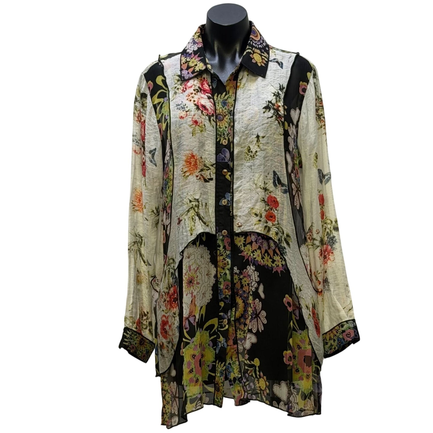 John Mark Floral Print Sheer Tunic Blouse Multi-Color Long Sleeve L
