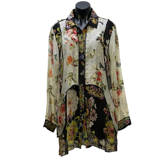 John Mark Floral Print Sheer Tunic Blouse Multi-Color Long Sleeve L